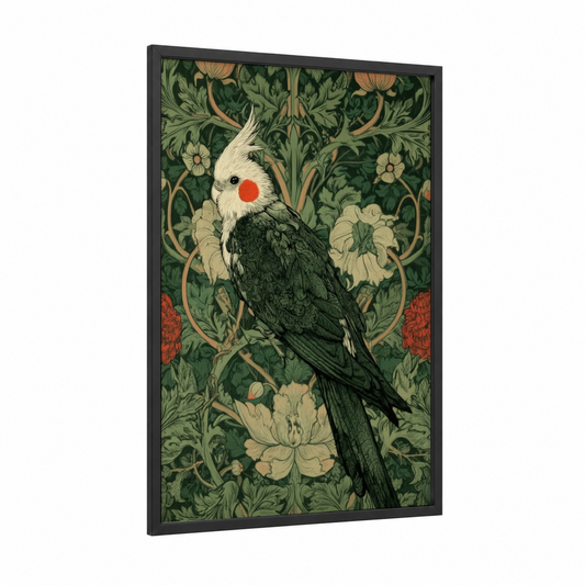 Cockatiel Garden framed art print — black wood frame — dark green and cream palette