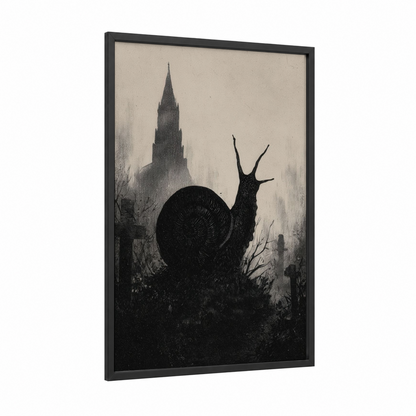 Gothic Snail framed art print — black wood frame — black and white and dove gray palette