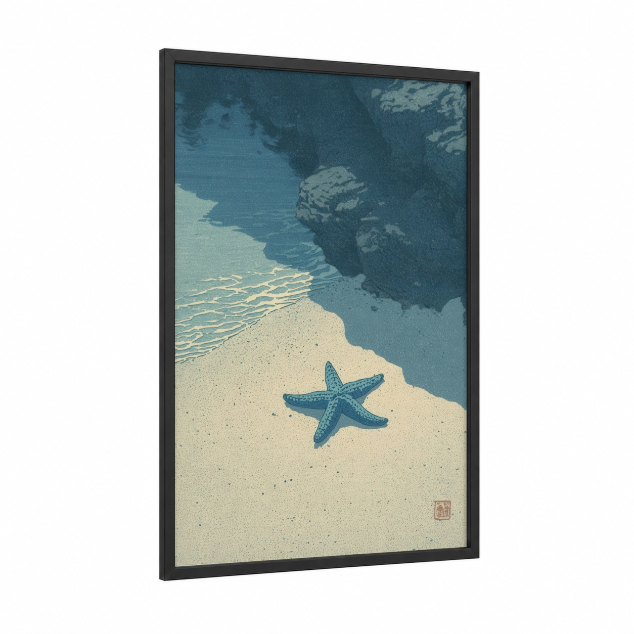 Sandy Starfish framed art print — black wood frame — blue and cream palette