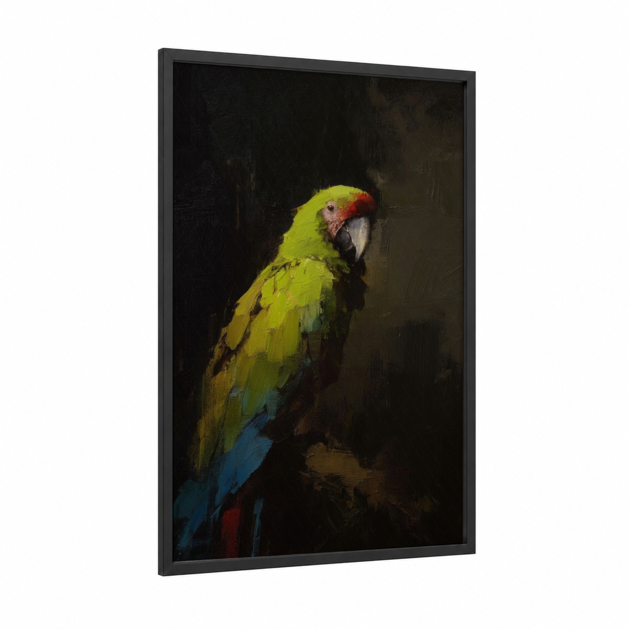 Emerald Macaw framed safari parrots print — black wood frame — gold and black palette