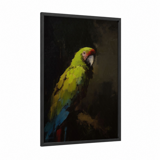 Emerald Macaw framed safari parrots print — black wood frame — gold and black palette