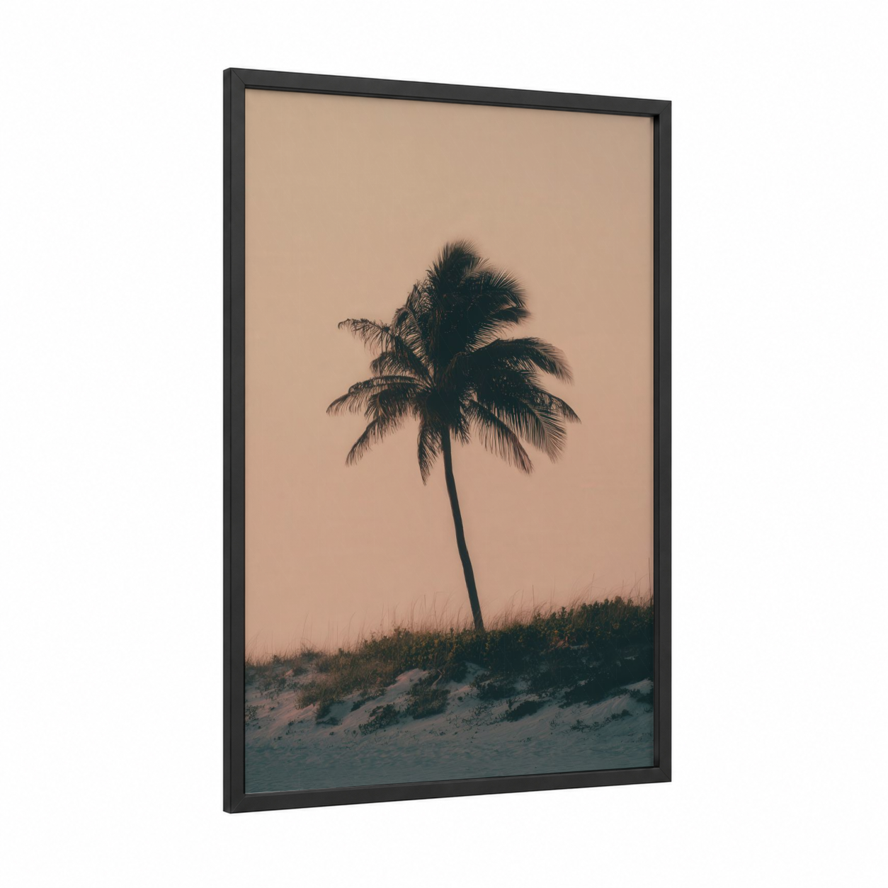 Solitary Palm framed tropical trees print — black wood frame — beige and black palette