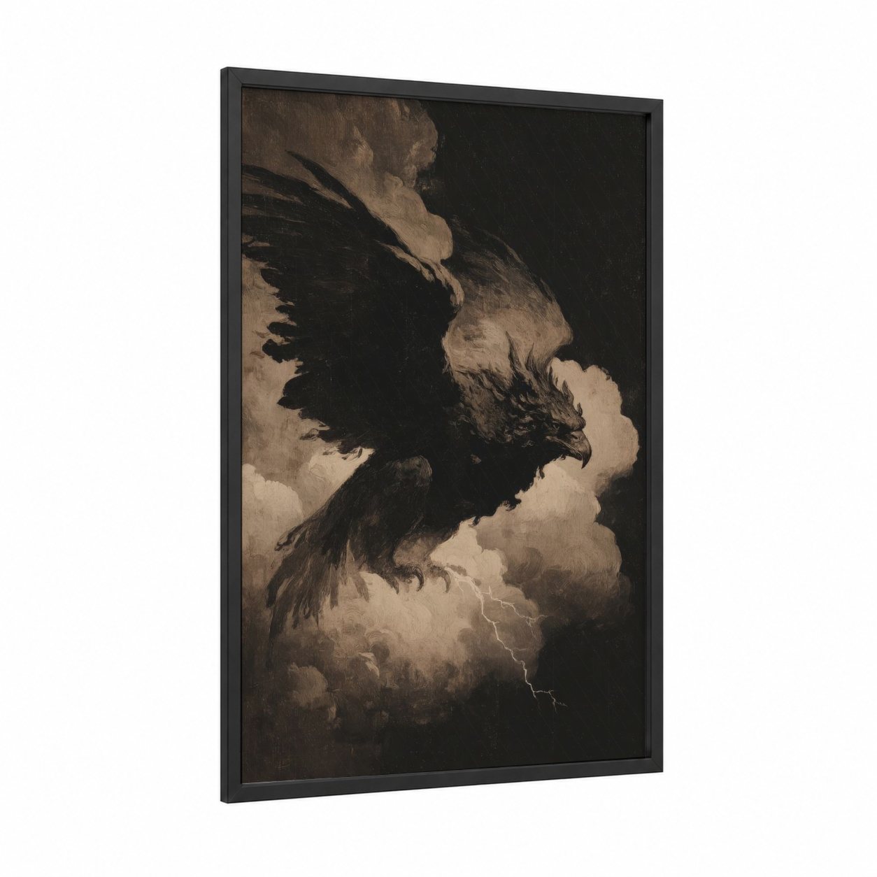 Storm Sphinx framed art print — black wood frame — black and white and espresso palette