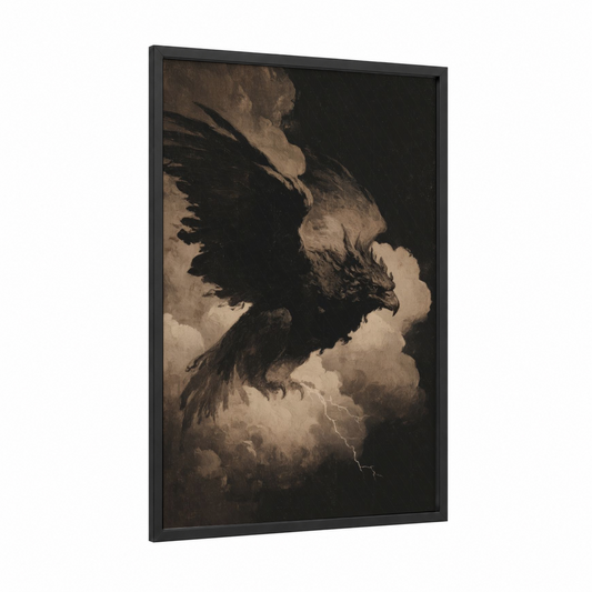 Storm Sphinx framed art print — black wood frame — black and white and espresso palette