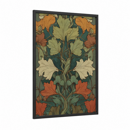 Emerald Ginkgo Pattern framed leaf print — black wood frame — olive and teal palette