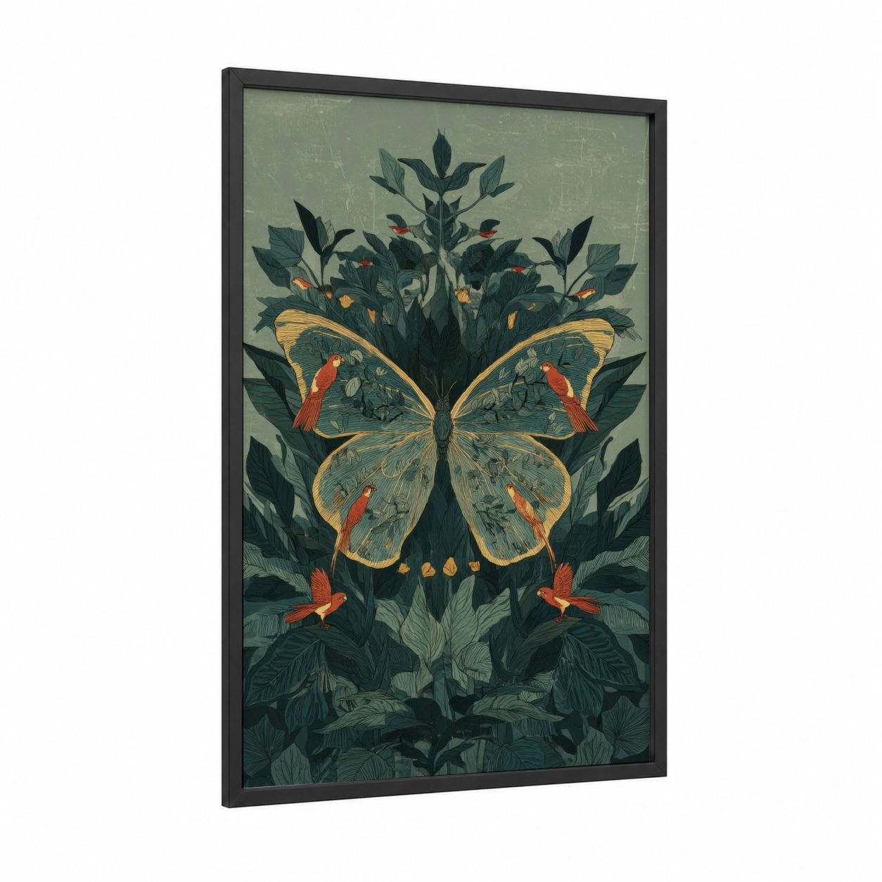 Golden Butterfly Garden framed art print — black wood frame — sage green and gold and pink palette