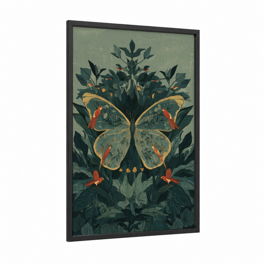 Golden Butterfly Garden framed art print — black wood frame — sage green and gold and pink palette