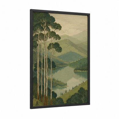 Mountain River Eucalyptus Forest Wall Art framed art print — black wood frame — sage green and beige palette