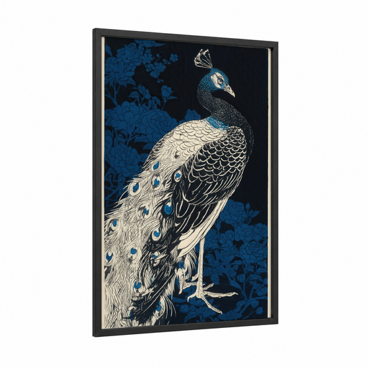 Regal Peacock framed art print — black wood frame — blue and black and white palette
