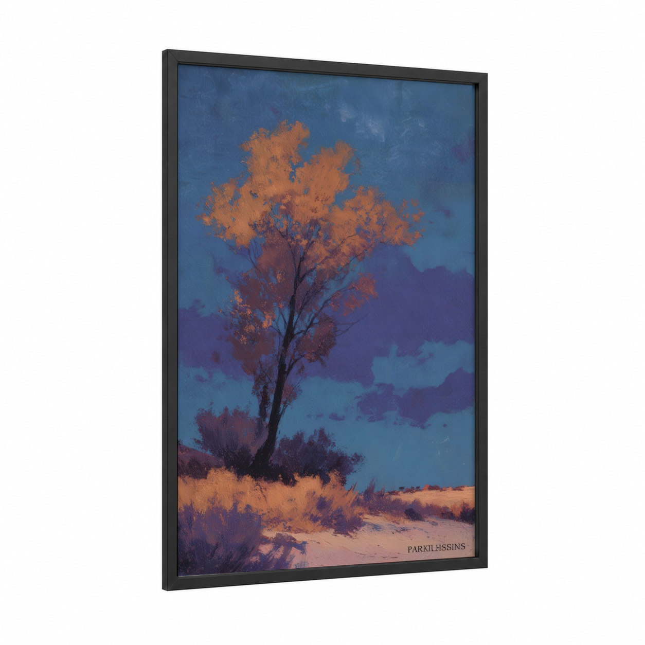 Golden Desert Tree framed savanna and desert trees print — black wood frame — blue and gold palette