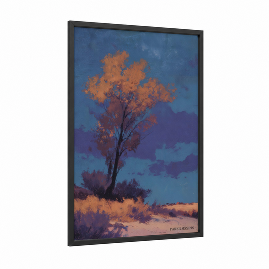 Golden Desert Tree framed savanna and desert trees print — black wood frame — blue and gold palette
