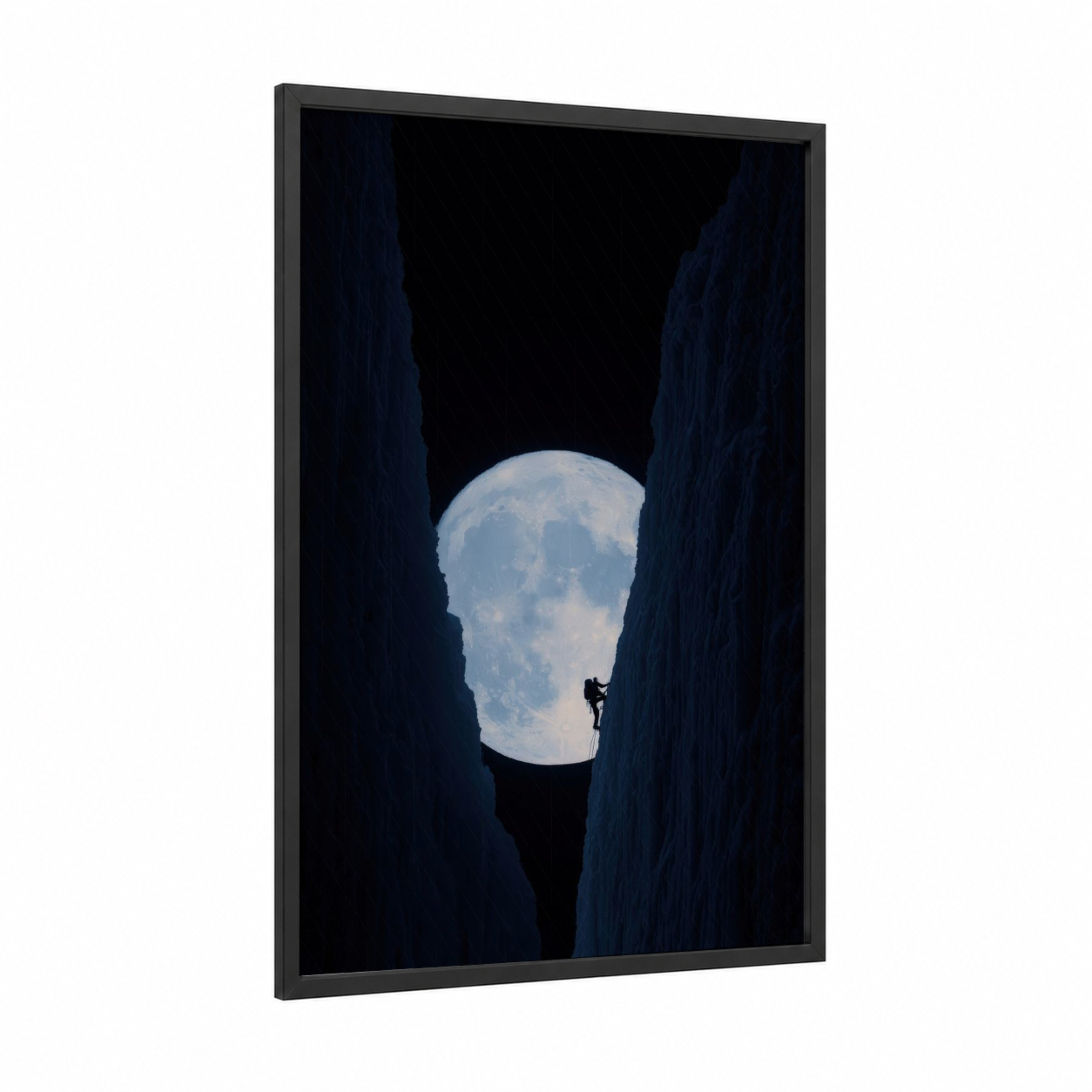 Lunar Ascent framed ice climbing print — black wood frame — dark blue and white palette