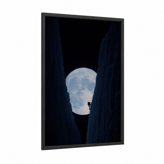 Lunar Ascent framed ice climbing print — black wood frame — dark blue and white palette