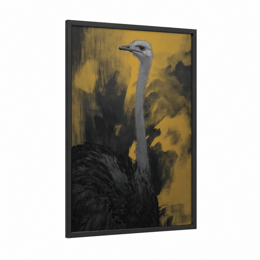 Golden Ostrich framed art print — black wood frame — yellow gold and black palette