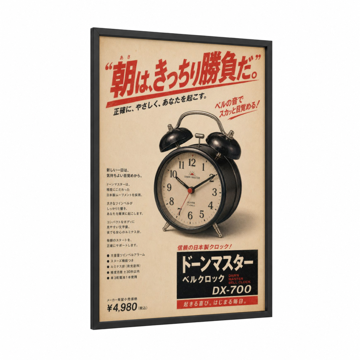 Vintage Japanese Alarm Clock Wall Art framed art print — black wood frame — black and cream palette