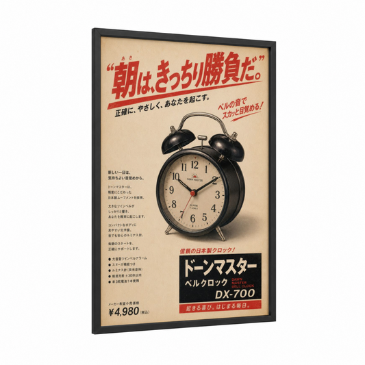 Vintage Japanese Alarm Clock Wall Art framed art print — black wood frame — black and cream palette