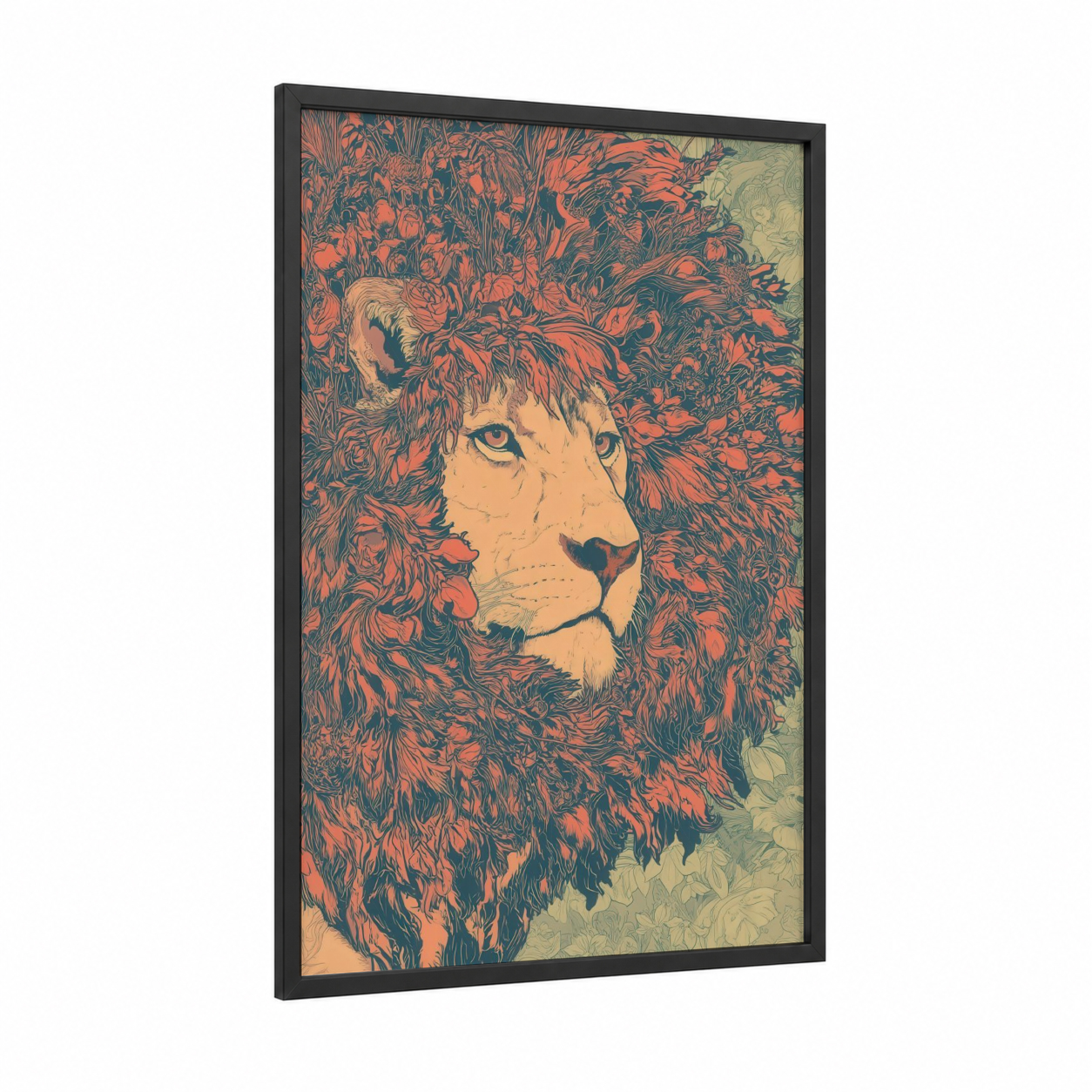 Amber Lion Portrait framed art print — black wood frame — orange and teal palette
