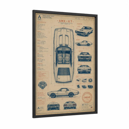 AMX-67 Classic Muscle Car Blueprint Wall Art framed art print — black wood frame — blue and beige palette