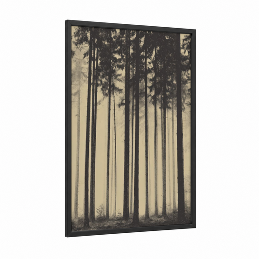 Misty Cedar Forest framed art print — black wood frame — black and white and dove gray palette
