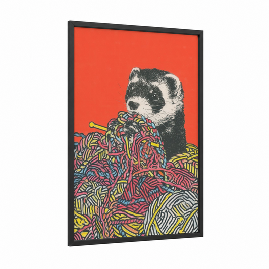 Playful Ferret Pop framed art print — black wood frame — red and gold palette