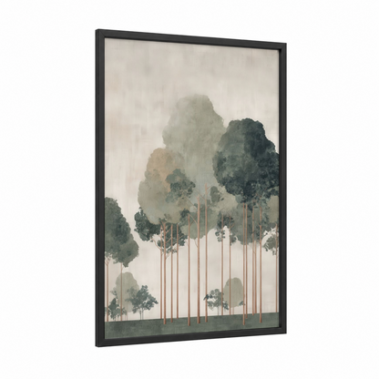 Misty Eucalyptus framed eucalyptus forest print — black wood frame — gray and sage green palette