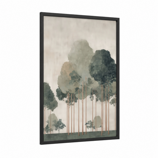 Misty Eucalyptus framed eucalyptus forest print — black wood frame — gray and sage green palette