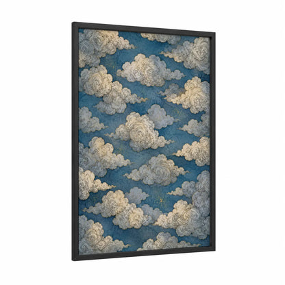 Japanese Cloud Sky Wall Art framed art print — black wood frame — blue and cream palette