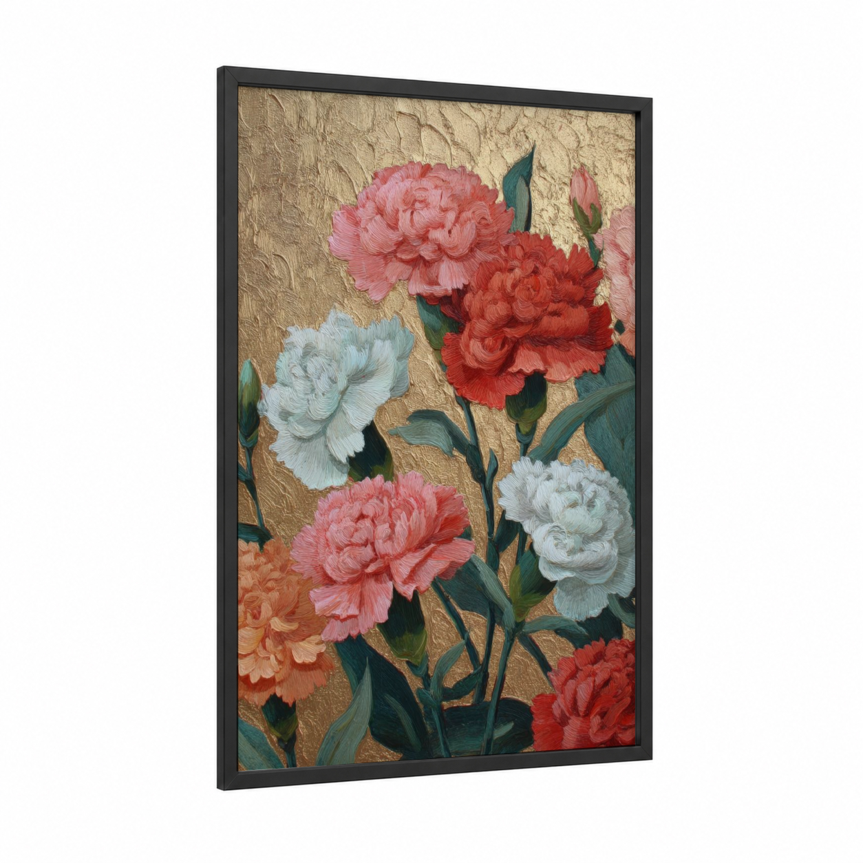 Golden Carnation Medley framed carnations print — black wood frame — gold and pink palette