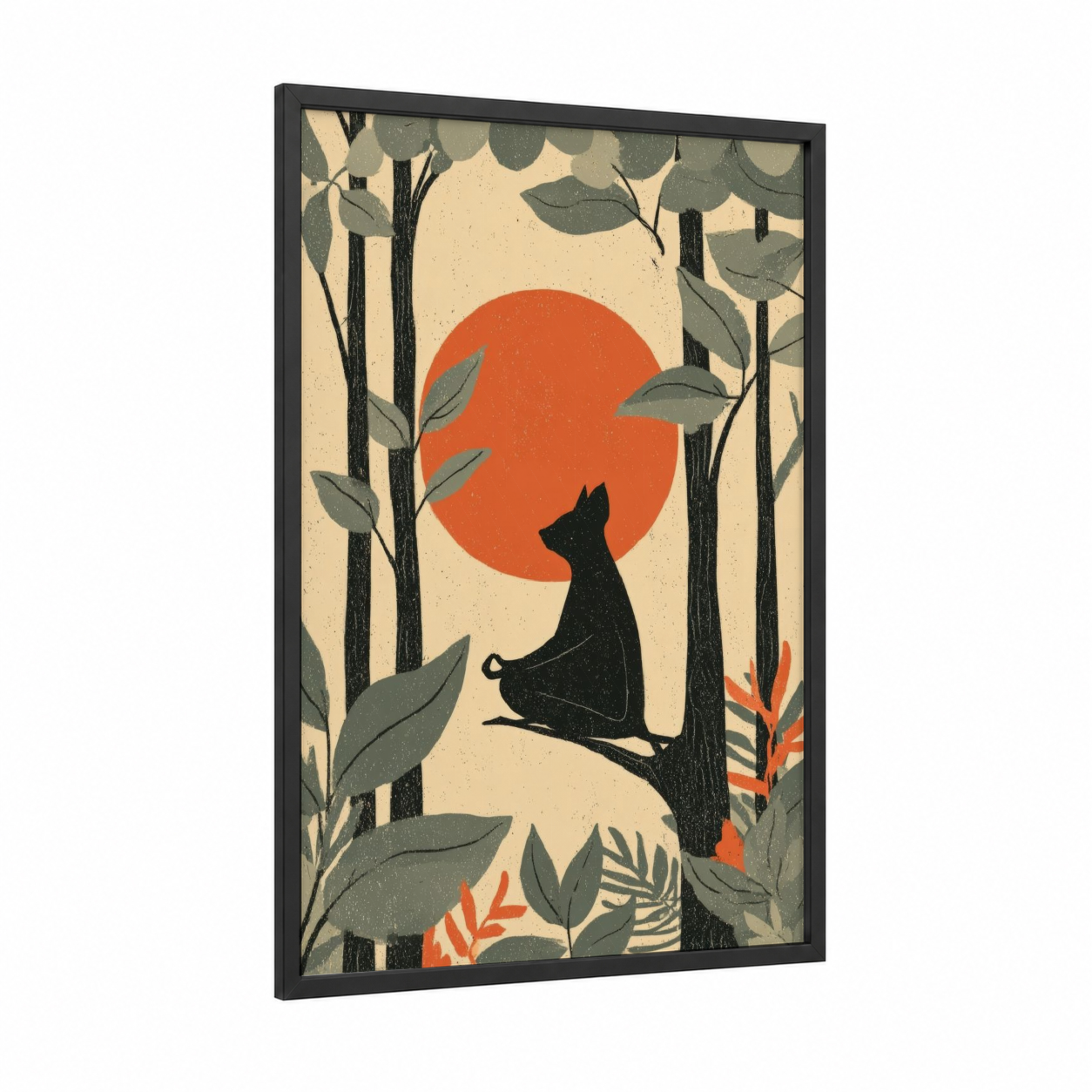 Moonlit Bat framed art print — black wood frame — orange and sage green palette