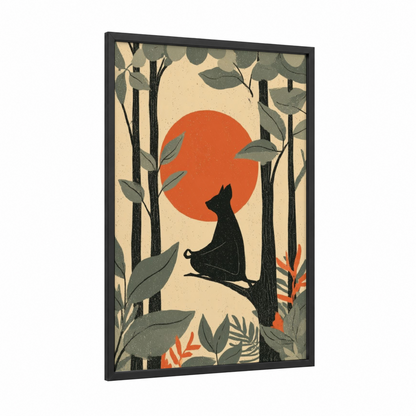 Moonlit Bat framed art print — black wood frame — orange and sage green palette