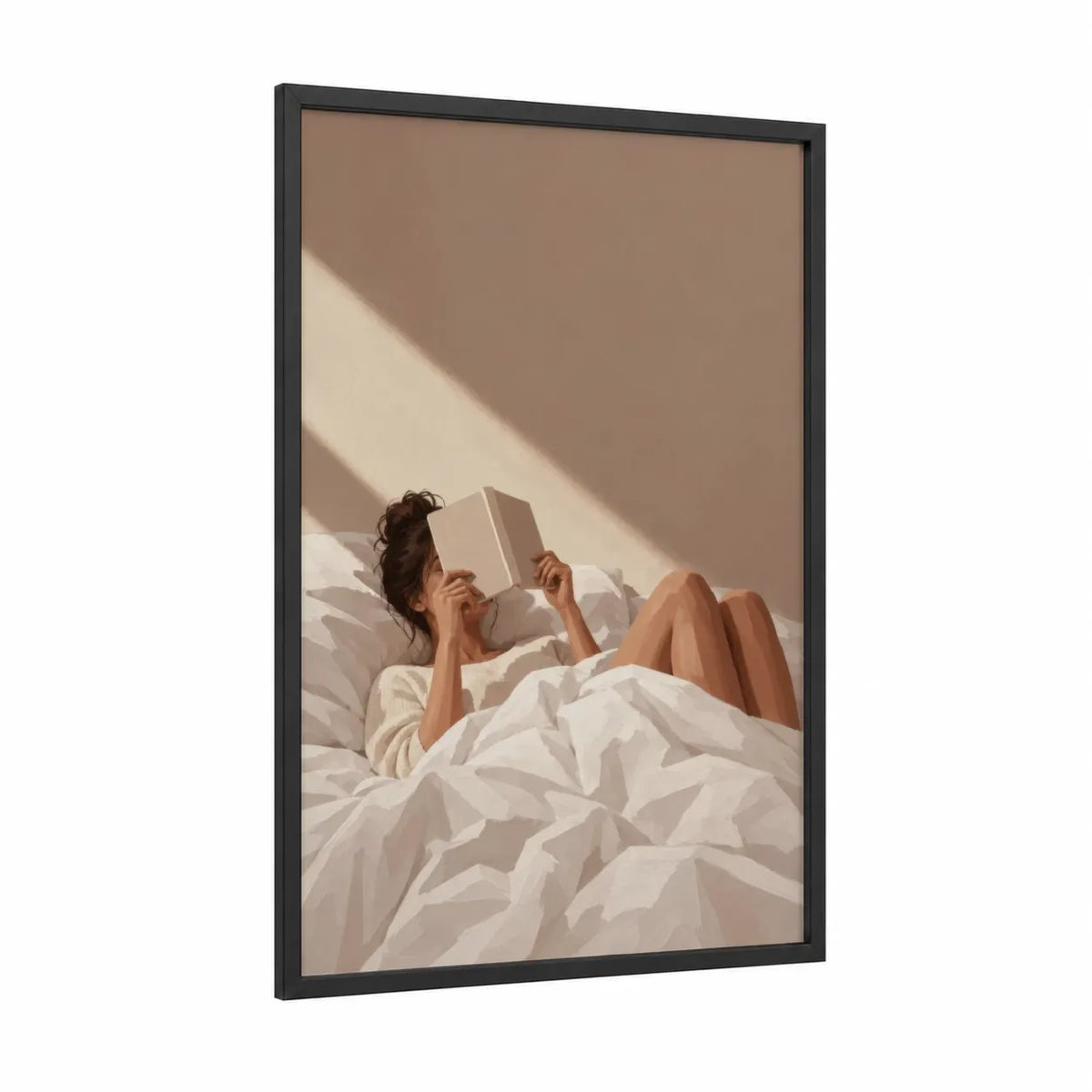 Woman Reading In Bed Wall Art framed art print — black wood frame — beige and cream palette