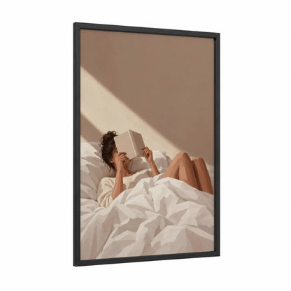 Woman Reading In Bed Wall Art framed art print — black wood frame — beige and cream palette