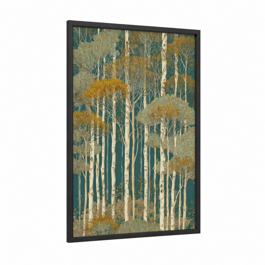 Golden Birch Forest framed art print — black wood frame — gold and teal palette