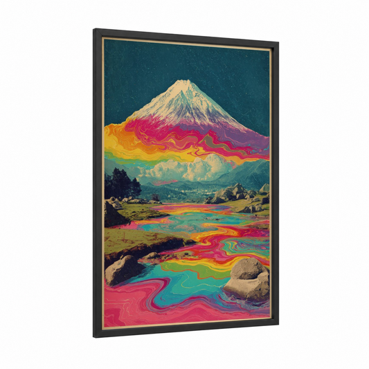 Psychedelic Fuji framed japanese psychedelic print — black wood frame — magenta and gold palette