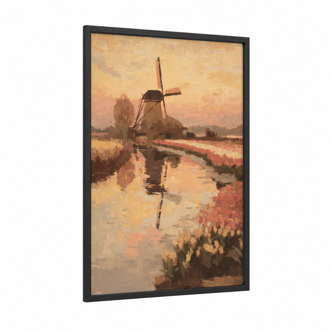 Dutch Windmill Reflection framed windmills print — black wood frame — gold and salmon pink palette