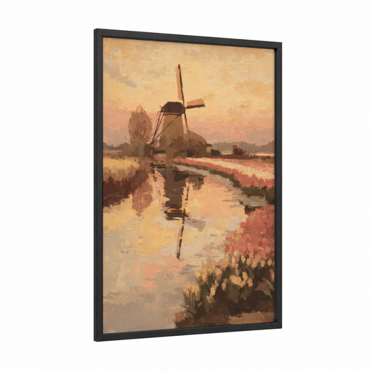 Dutch Windmill Reflection framed windmills print — black wood frame — gold and salmon pink palette
