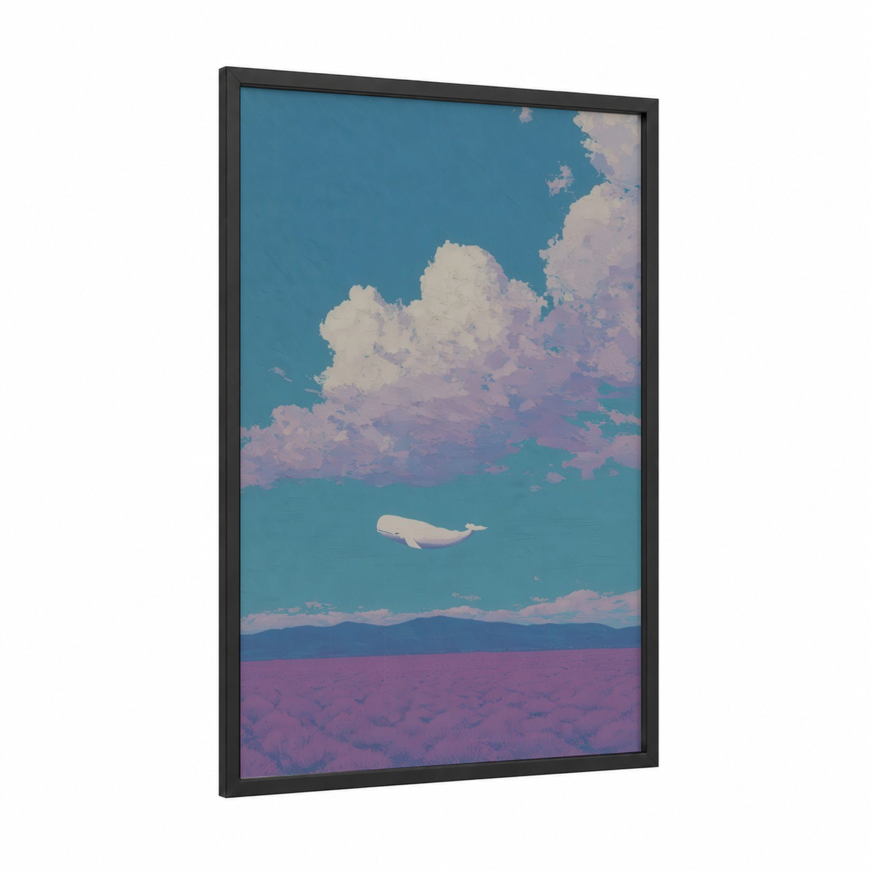 Dreaming Beluga framed beluga whale print — black wood frame — blue and lavender palette