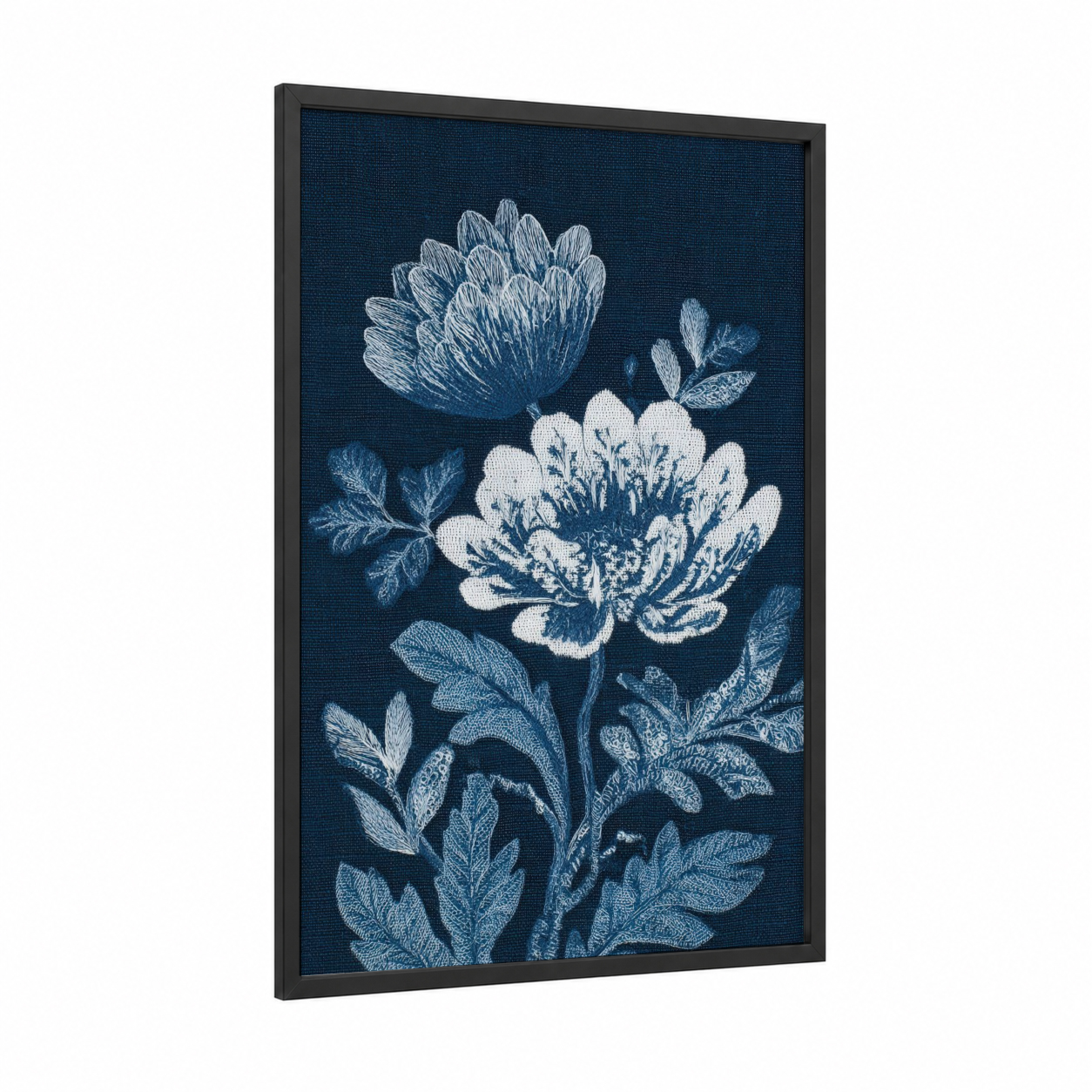 Midnight Anemone framed sea anemone print — black wood frame — dark blue and white palette