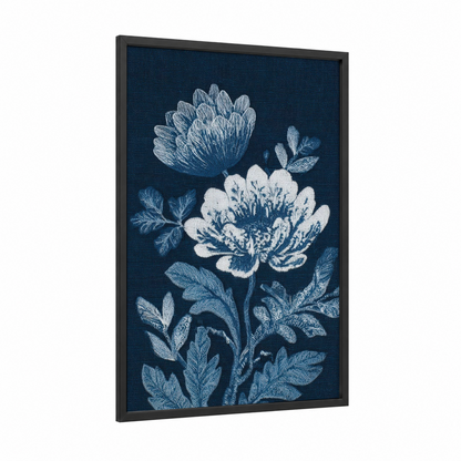 Midnight Anemone framed sea anemone print — black wood frame — dark blue and white palette