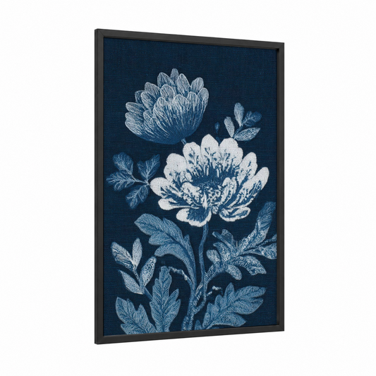 Midnight Anemone framed sea anemone print — black wood frame — dark blue and white palette