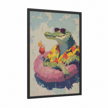 Poolside Alligator framed art print — black wood frame — blue and orange palette