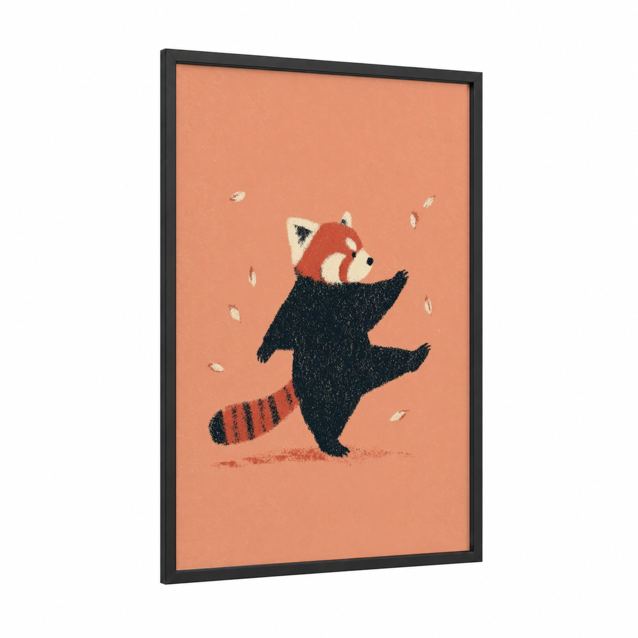 Dancing Red Panda framed taekwondo print — black wood frame — peach and black palette