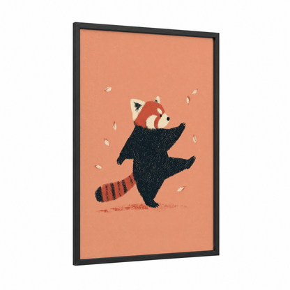 Dancing Red Panda framed taekwondo print — black wood frame — peach and black palette