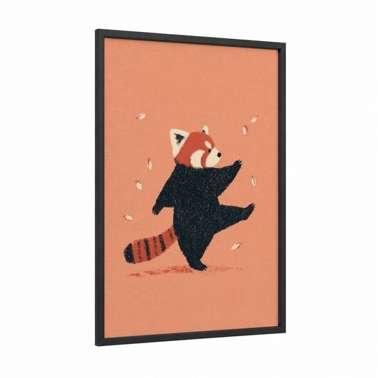 Dancing Red Panda framed taekwondo print — black wood frame — peach and black palette