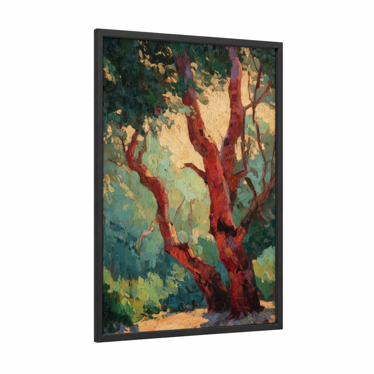 Crimson Arbutus framed arbutus tree print — black wood frame — red and gold palette