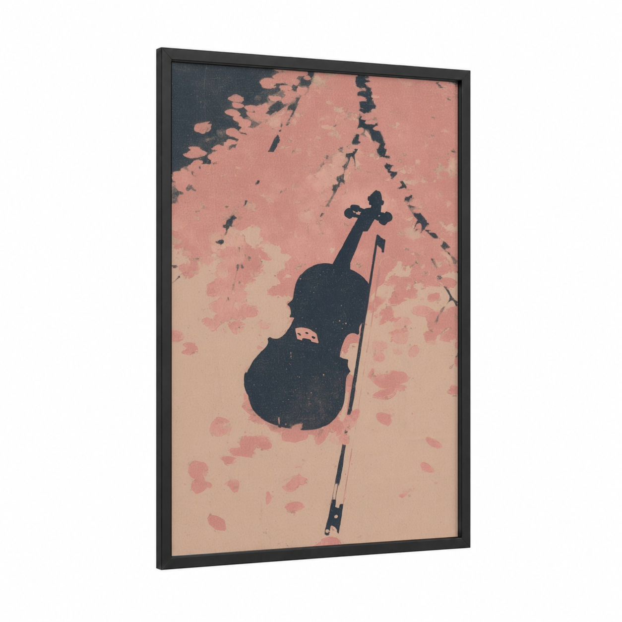 Silhouette Violin framed art print — black wood frame — salmon pink and black palette