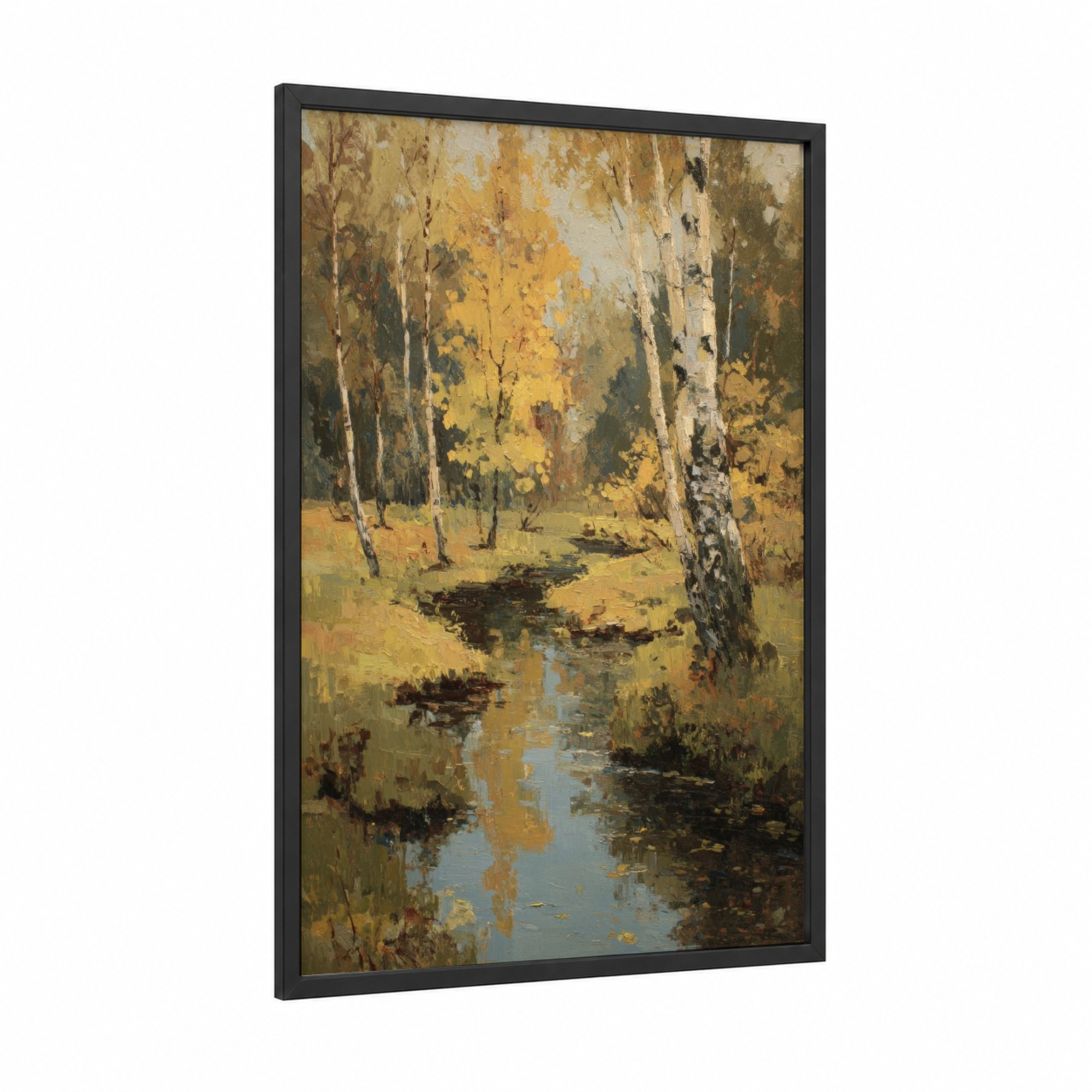 Autumn Birch Stream framed rivers print — black wood frame — gold and olive palette