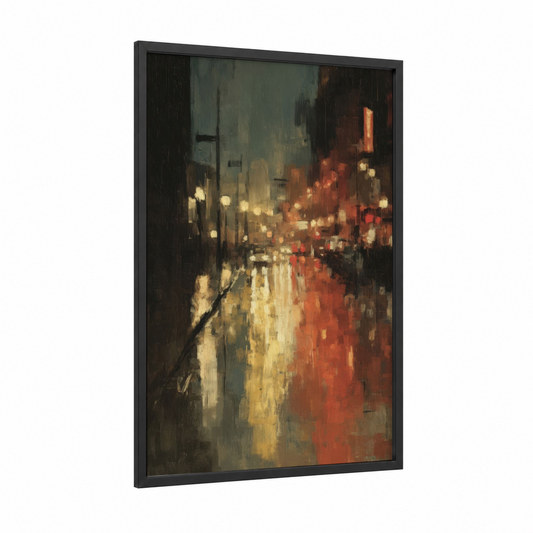 Stormy Urban Night framed art print — black wood frame — gold and black and red palette