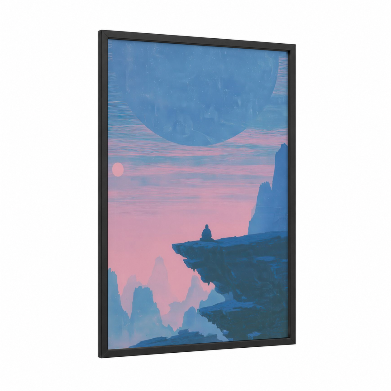 Cosmic Solitude framed extraterrestrial print — black wood frame — pink and blue palette