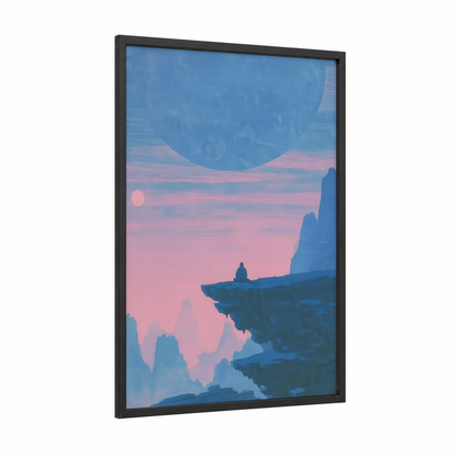 Cosmic Solitude framed extraterrestrial print — black wood frame — pink and blue palette